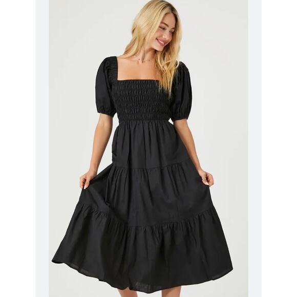 FOREVER 21 Dress Black Maxi Tiered Ruched Puff Sleeve Goth Feminine | MEDIUM - Picture 1 of 9